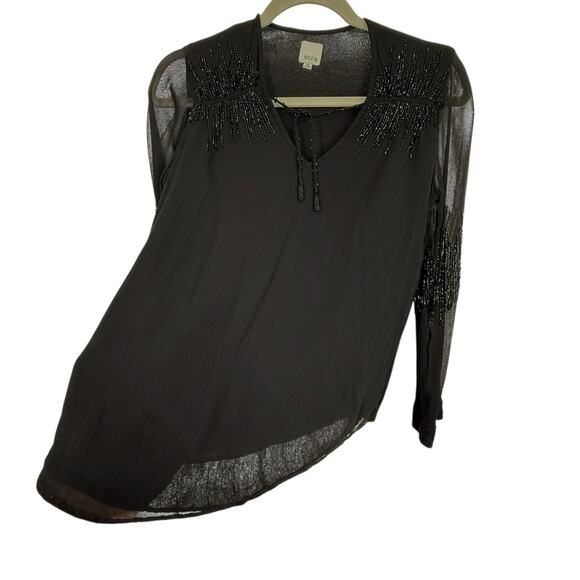 ecru Beaded Chiffon Top Women size XS Black Long sleeve Pullover - Picture 2 of 10